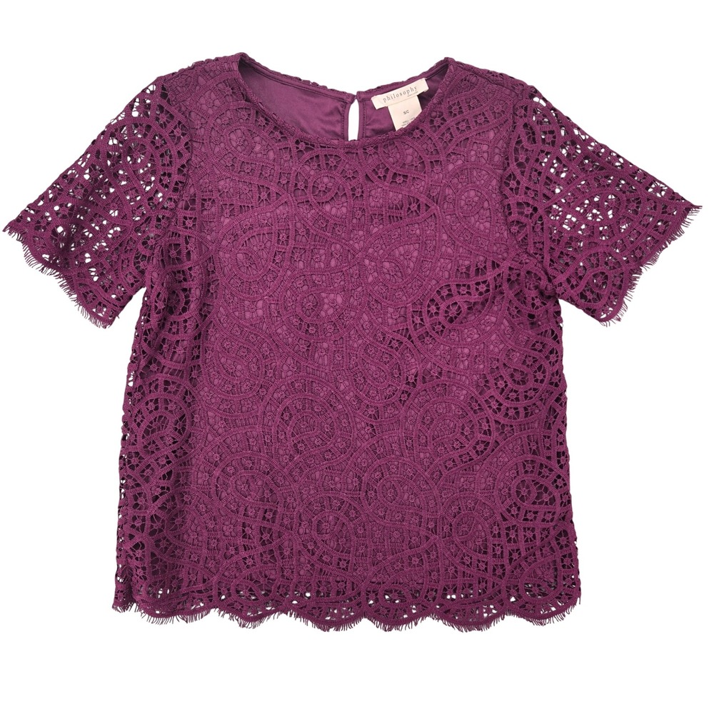 Philosophy SMALL Plum Purple Lace Short Sleeve Blouse Women Romantic‎ Boho